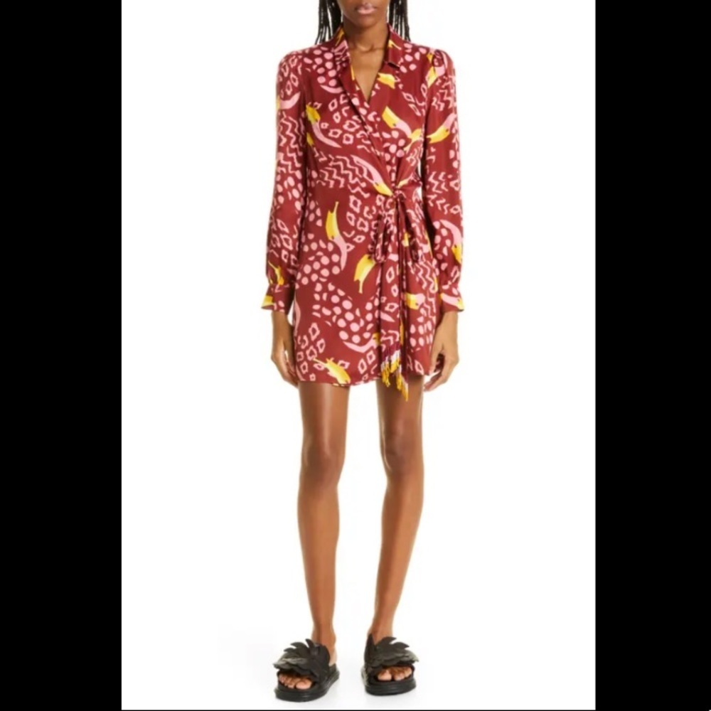 Farm Rio Size M Toucanissimo Print Wrap Long Sleeve Burgundy Dress